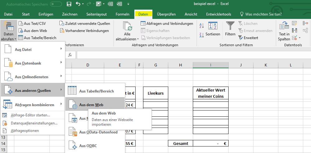 Bitcoin Portfolio in Excel erstellen