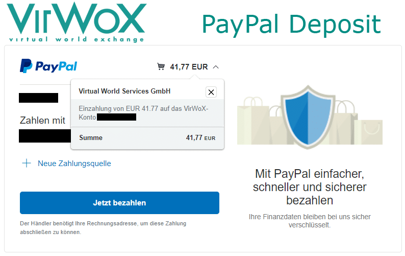 Einzahlung VirWoX mit PayPal