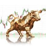 Golden bull on stock market data. Bull market on financial stock exchange market. 3d illustration