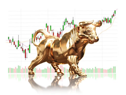 Golden bull on stock market data. Bull market on financial stock exchange market. 3d illustration