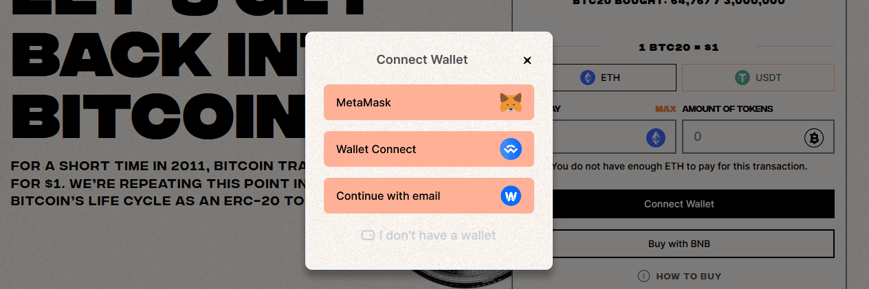 BTC20 Wallet connect