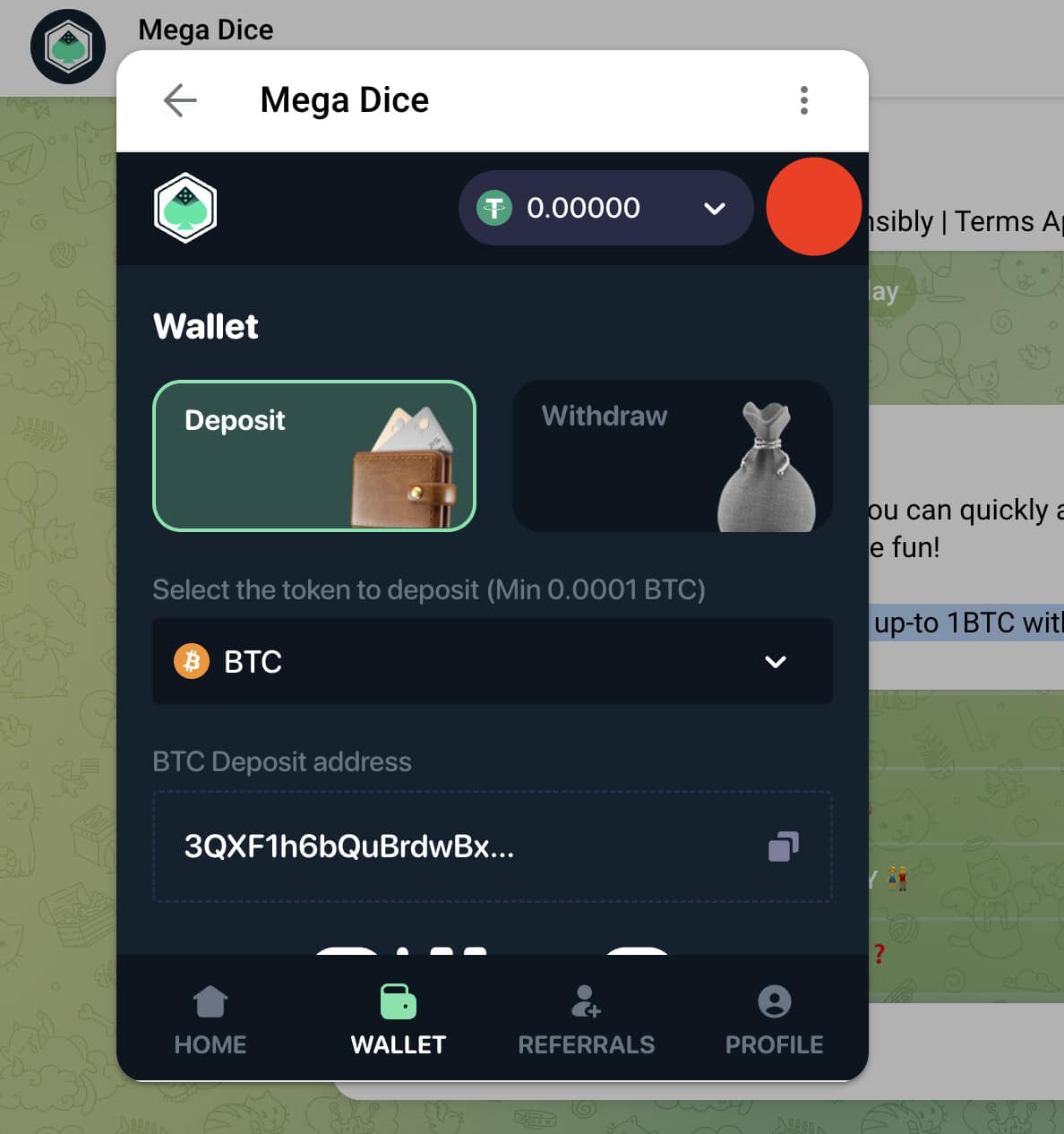 Mega Dice Telegram Casino – Einzahlungsseite