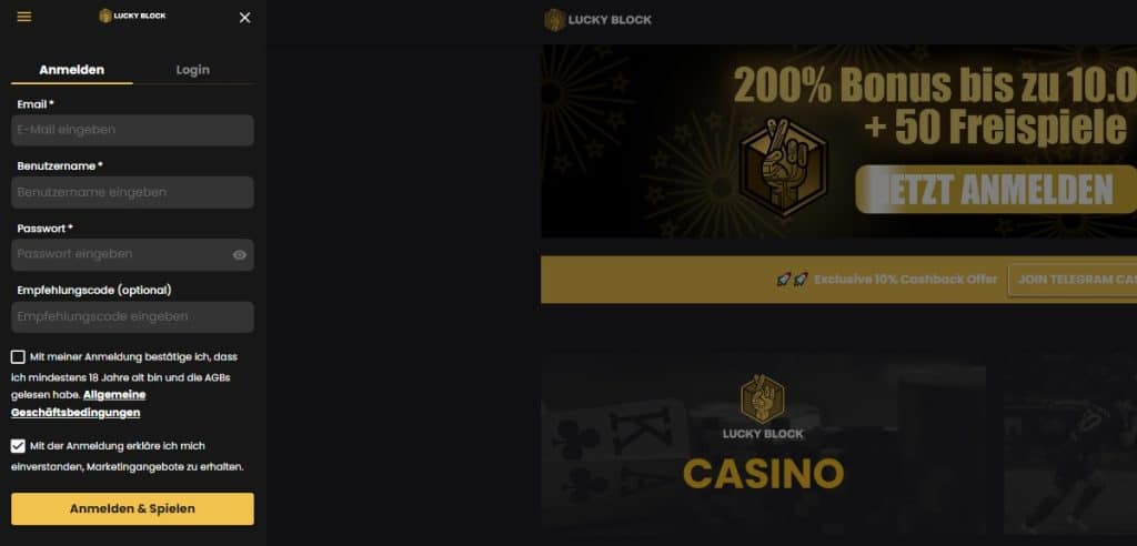 Registrierung im Lucky Block Casino