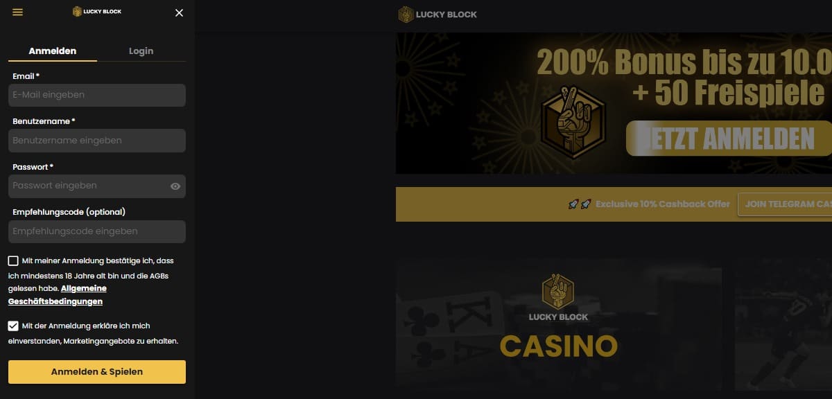 Anmeldung im Lucky Block Casino