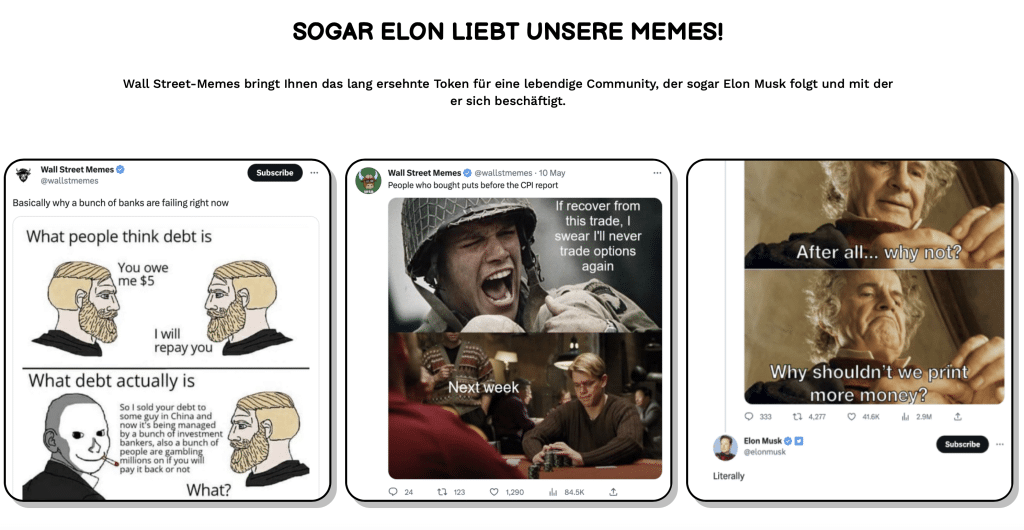 Tweets auf der Wall Street Memes Website