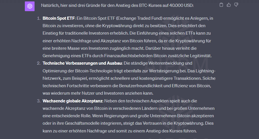 ChatGPT Gründe für den Anstieg des Bitcoin Coins auf 40.000 US-Dollar