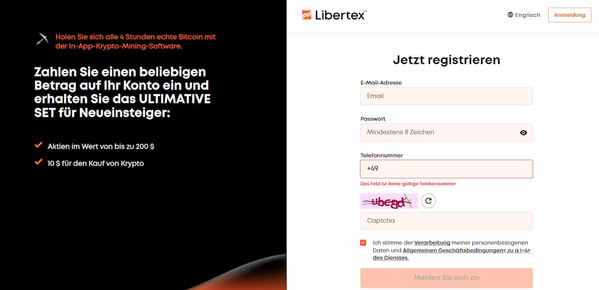 Registrierung bei Libertex
