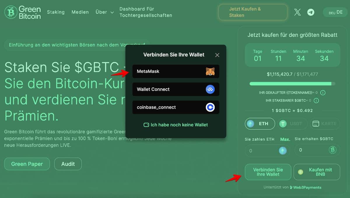 MetaMask Wallet mit Green Bitcoin verbinden