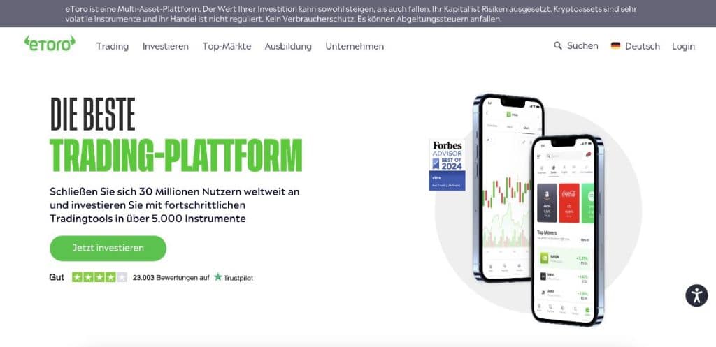eToro Trading-Plattform Homepage