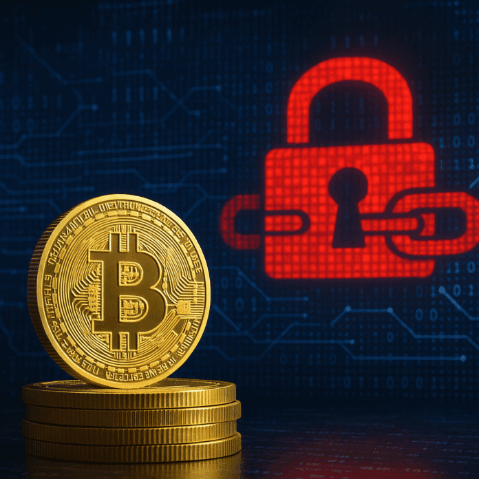 Ein Bitcoin vor einem Schloss.