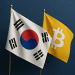 Südkoreanische Flagge und Bitcoin Flagge