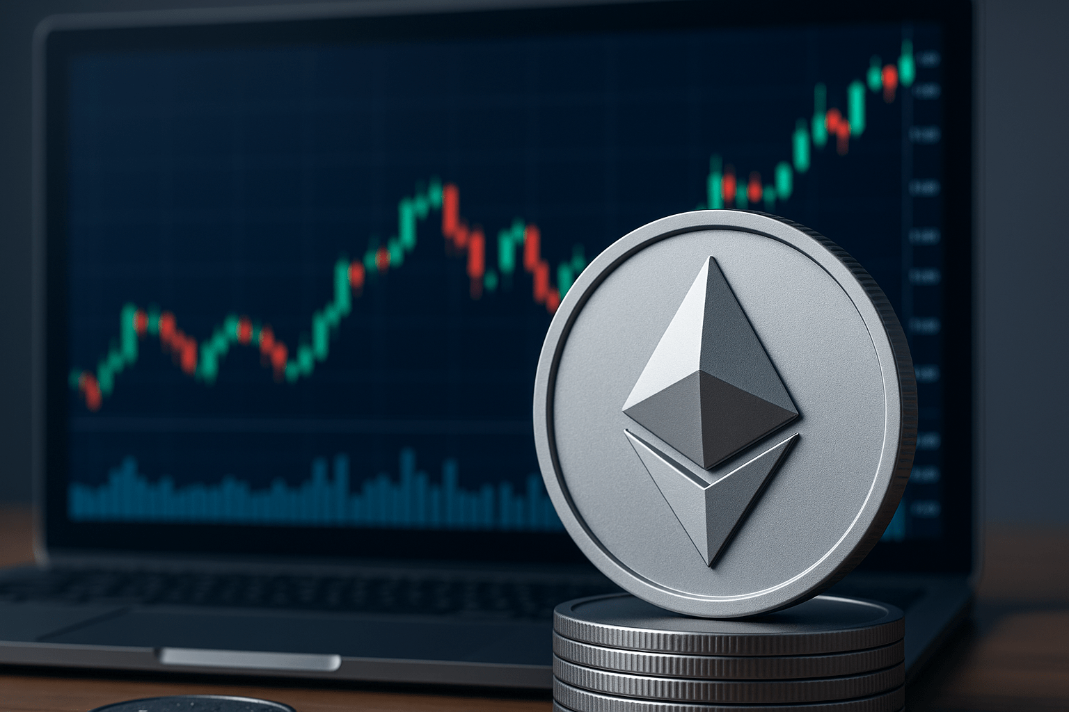 Ein Ethereum Coin vor einem Laptop mit einem Chart