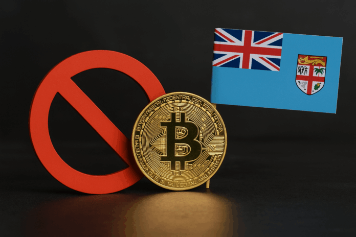 Bitcoin vor Fiji Flagge Bitcoin vor Fiji Flagge