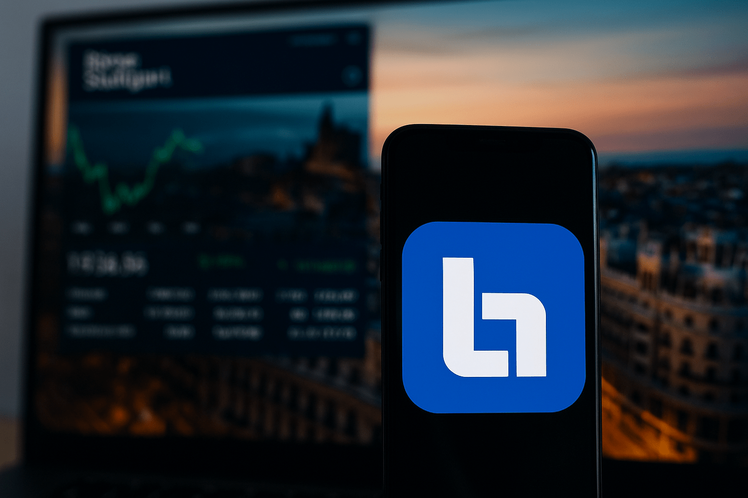 Smartphone mit Börse Stuttgart Logo und Madrid im Hintergrund Smartphone mit Börse Stuttgart Logo und Madrid im Hintergrund