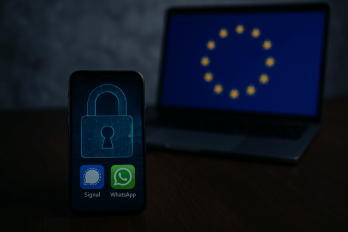 smartphone-vor-eu-flagge.jpg Smartphone mit Sperrsymbol vor EU-Flagge.