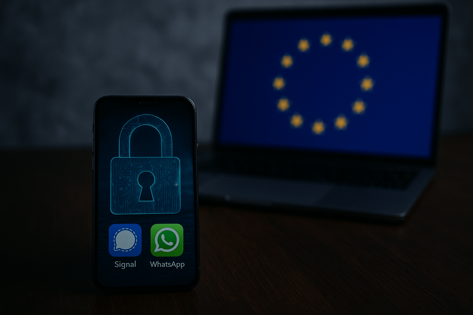 Smartphone mit Sperrsymbol vor EU-Flagge.