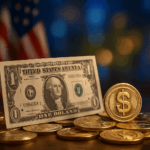 Dollarnote neben Stablecoin.