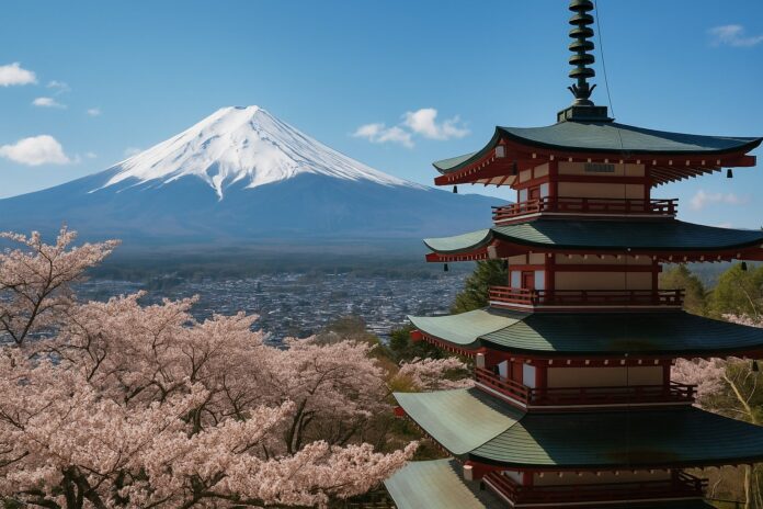 Tempel mit Fuji im Hintergrund in Japan