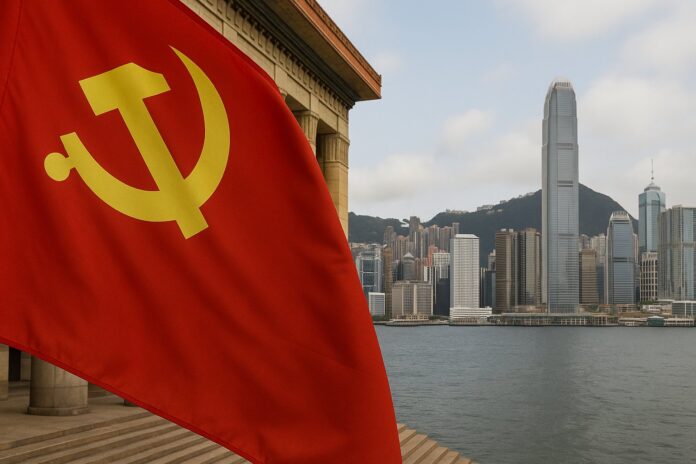 Chinesische Flagge vor Hongkongs Skyline