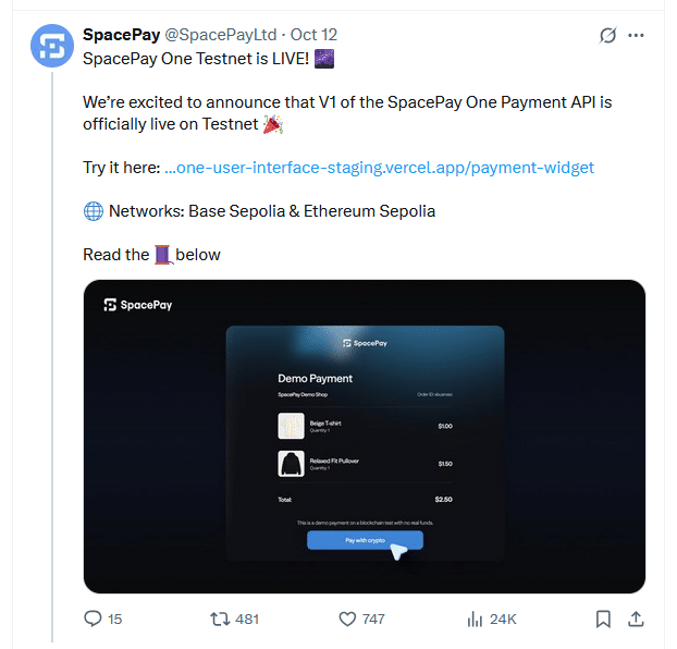 $ 1,4 Mio. im SpacePay Presale erreicht – Testnet ist live vor dem großen Start