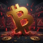 Bitcoin Symbol, im Hintergrund fallende Kurse