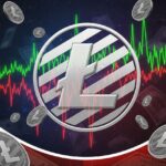 Litecoin Symbol vor rotem und grünen chart