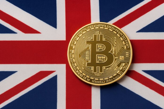Uk Flagge mit Bitcoin
