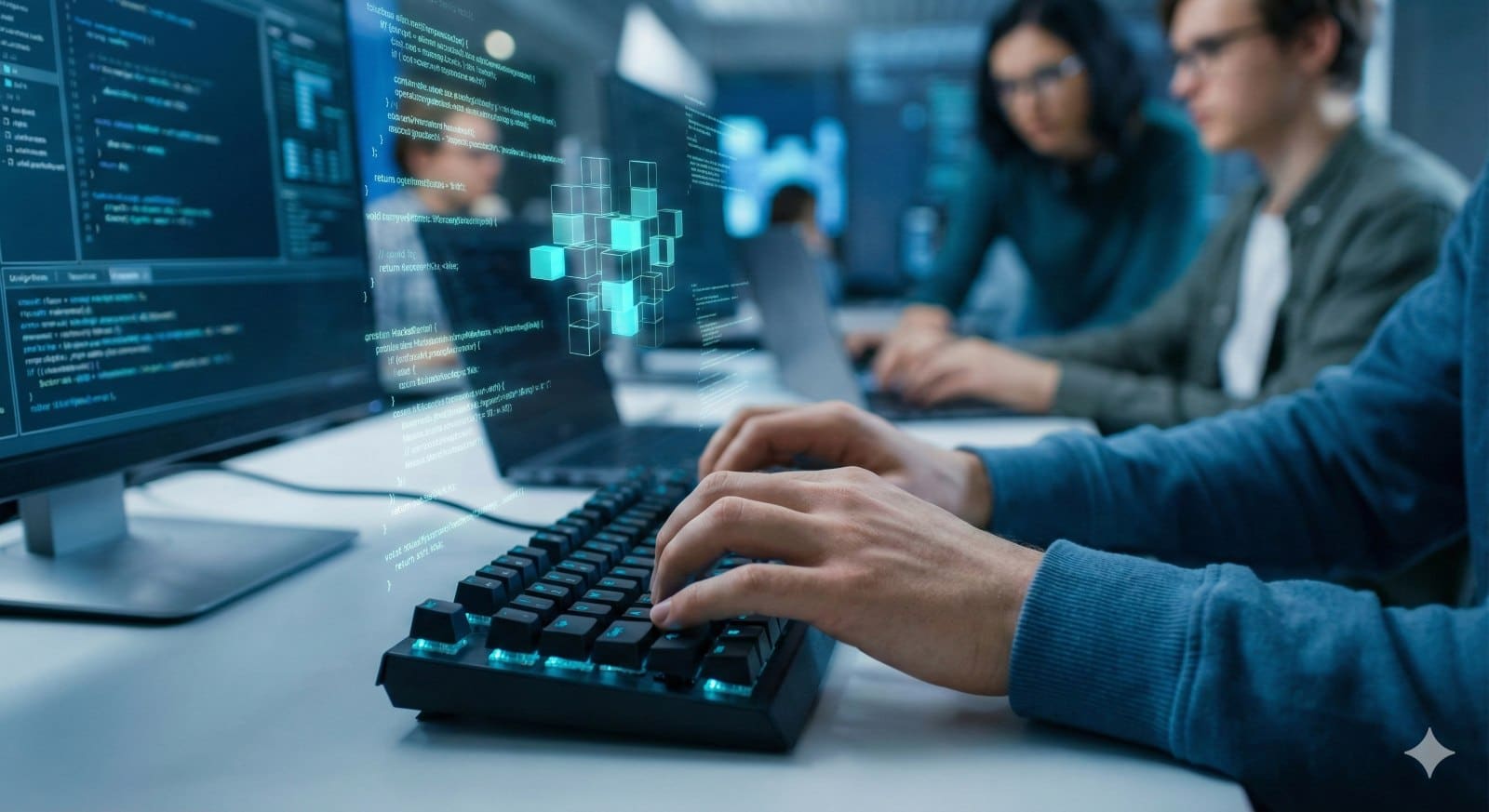 Fokussierte Studenten entwickeln Code und Blockchain-Lösungen während eines von Bitget gesponserten Hackathons an der Universität.