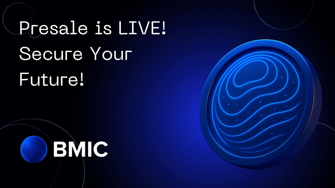 Leuchtender BMIC Token mit dem Text 'Presale is Live' – Jetzt in die quantensichere Kryptowährung und DeFi-Zukunft investieren.