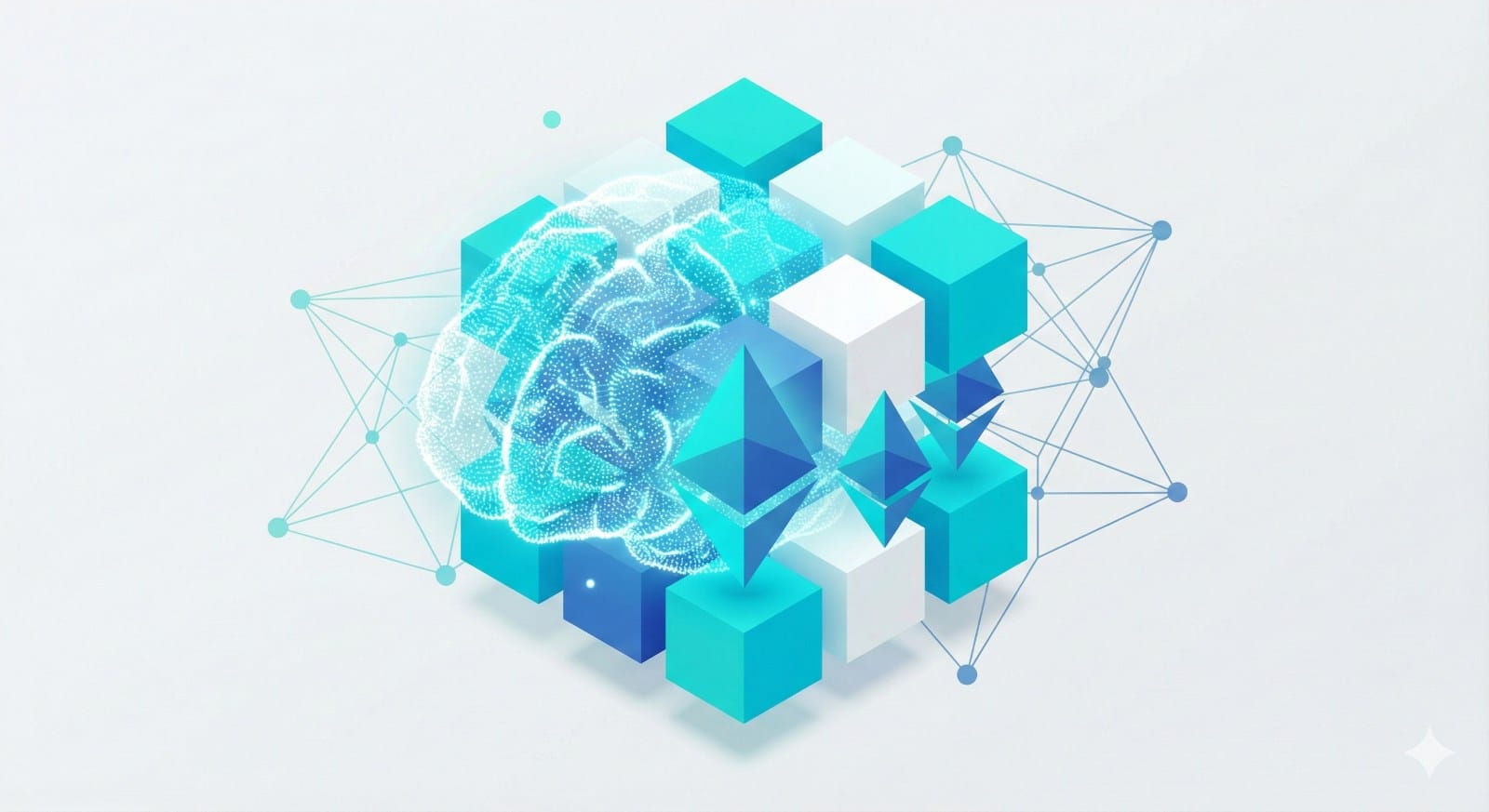 Abstrakte 3D-Darstellung eines digitalen Gehirns, das mit Ethereum-Blöcken verschmilzt – Symbol für Web3-Bildung und Innovation.