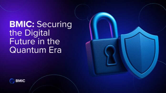 BMIC cybersecurity illustration depicting a 3D blue padlock and shield to symbolize protection. The text states 'BMIC: Securing the Digital Future in the Quantum Era,' highlighting the project's focus on quantum-resistant security.