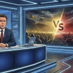 USDT vs USDC Stablecoin Duell 2026: Dramatisches News-Studio mit Moderator, riesigem VS-Symbol, roter Armee mit roten Flaggen gegen US-Kapital (Capitol, Washington DC) und Aktien-Charts im Hintergrund – Symbol für den Wettstreit zwischen Tether USDT und reguliertem USDC Stablecoin unter US-Gesetzen wie GENIUS Act