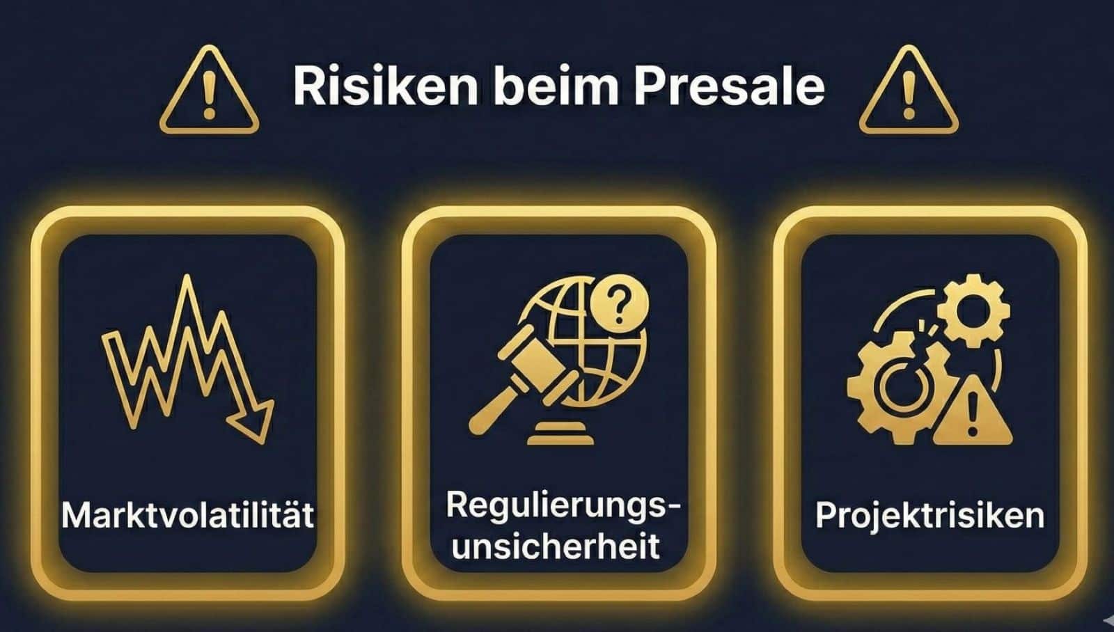 Grafik zu den Investitionsrisiken beim Bitcoin Hyper Presale: Marktvolatilität, Regulierungsunsicherheit und Projektrisiken.