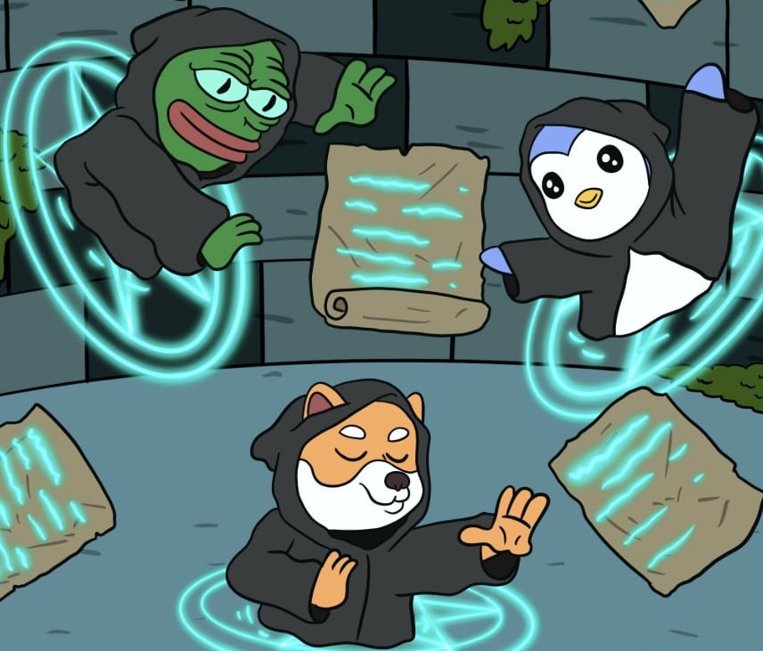 Meme coin mascots Pepe the Frog, a Penguin, and Doge floating in a mystical ceremony, surrounded by glowing blue magic circles and floating ancient scrolls. This energetic illustration represents the 'magic' of the Liquidchain ecosystem and the deployment of its smart contracts during the presale.