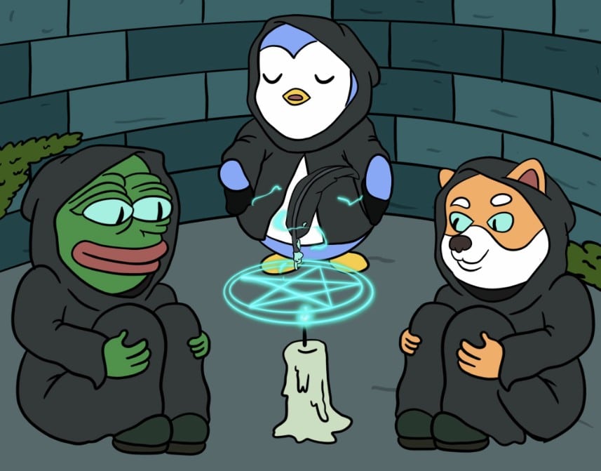 Crypto meme characters Pepe the Frog, a Penguin, and a Shiba Inu wearing black hooded robes performing a summoning ritual around a glowing magic circle. This illustration represents the Liquidchain presale event, symbolizing the convergence of major meme communities for the launch of the new blockchain.