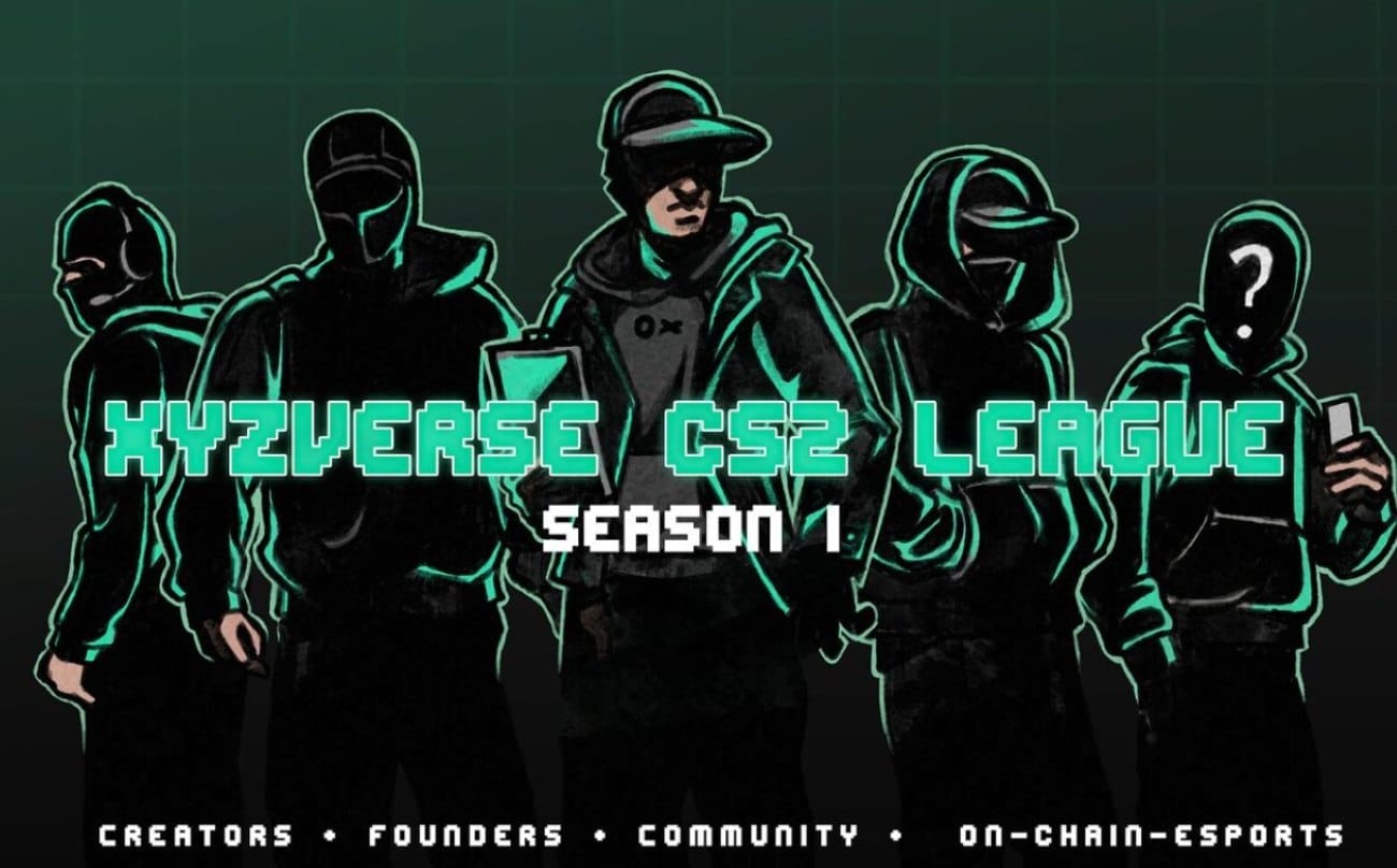 Werbegrafik für die "XYZVerse CS2 League Season 1" mit fünf stilisierten Gamer-Silhouetten in Neon-Cyan und dem Untertitel: "Creators • Founders • Community • On-Chain-Esports".