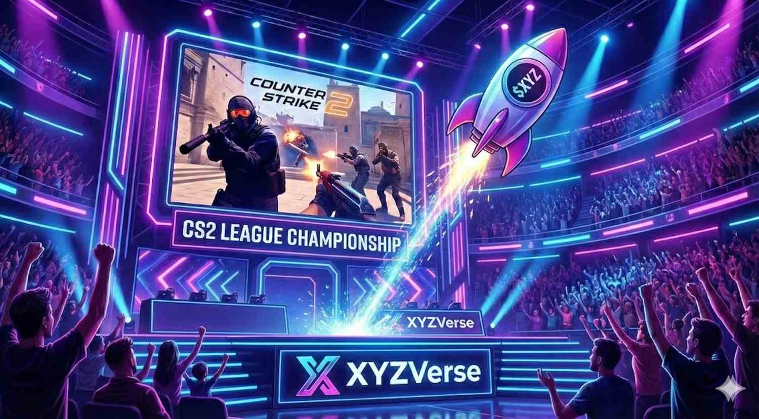 A vibrant, packed esports arena illuminated by purple and blue neon lights. A large screen in the center displays Counter-Strike 2 characters with the text "CS2 LEAGUE CHAMPIONSHIP". In the foreground, a digital banner displays the logo "XYZVerse". On the right, a stylized cartoon rocket labeled "$XYZ" is blasting off. The stands are filled with cheering fans with their hands raised in excitement.