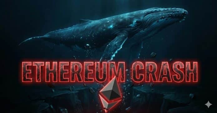 dunkler Hintergrund, mit Wal im Bild und einem roten Schriftzug Ethereum Crash