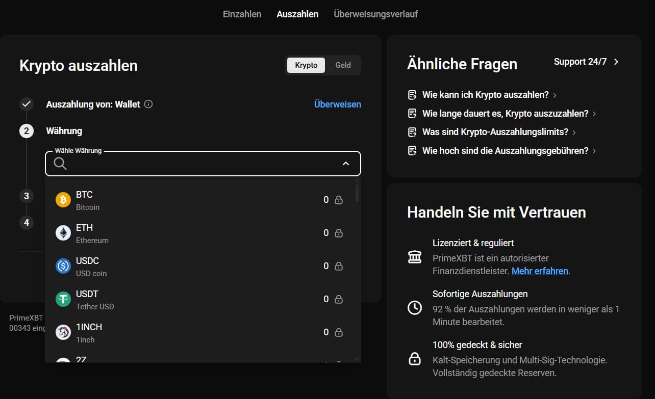 PrimeXBT Auszahlung