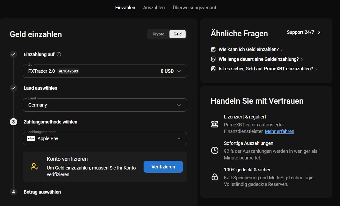 PrimeXBT Einzahlung vornehmen