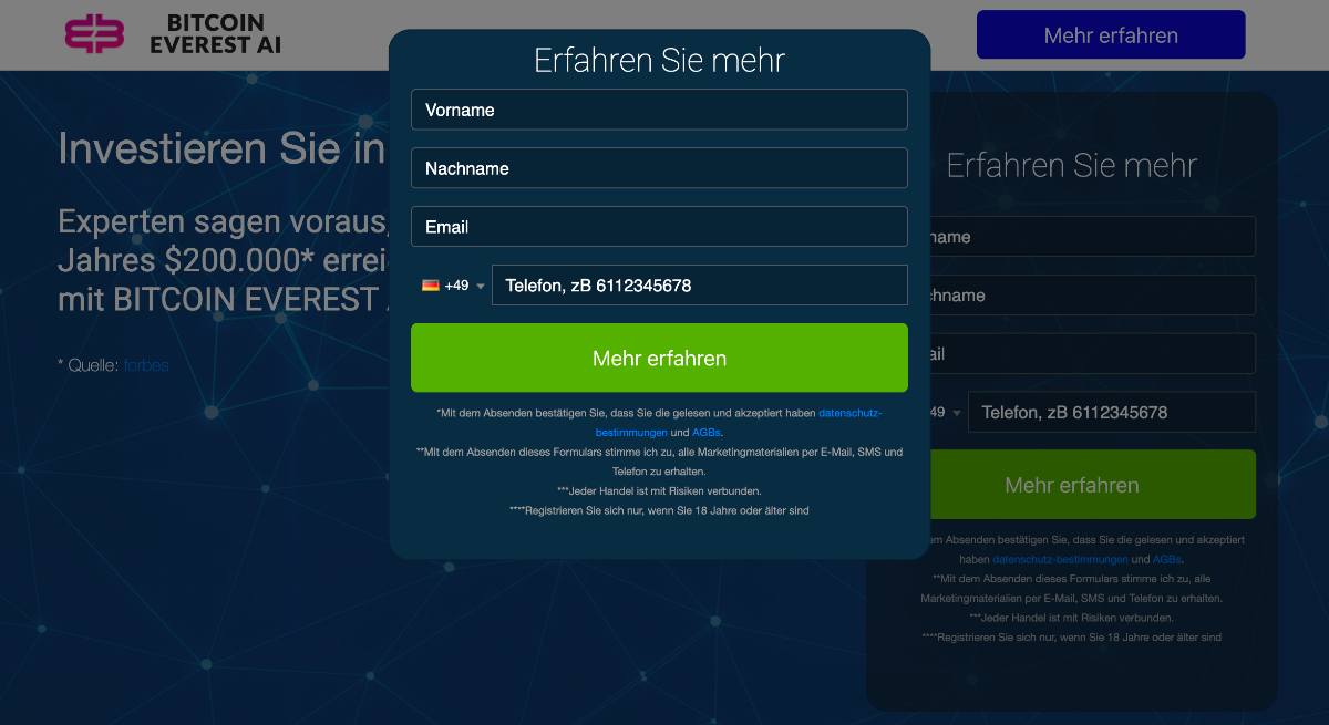 Registrierung auf Bitcoin Everest AI