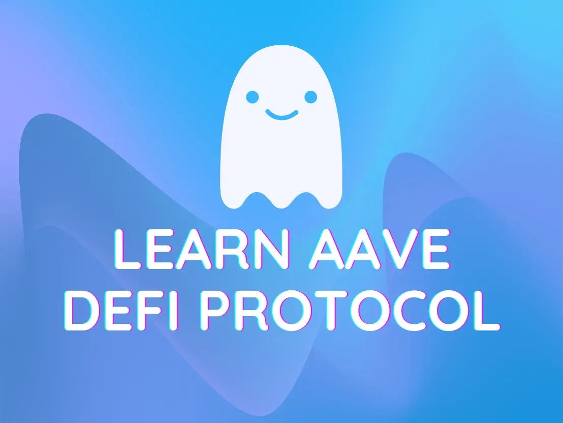 Aave DeFi protocol logo with a ghost figure on a blue gradient background.