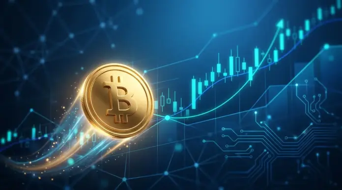 bitcoin-auf-erholungskurs-kleiner-ki-coin-verdoppelt Bitcoin coin rising with AI network patterns symbolizing cryptocurrency recovery and growth