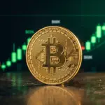 Bitcoin coin with rising price charts symbolizing 85,000 dollar target