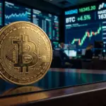 Bitcoin coin with blurred Nasdaq stock market display in background representing institutional investment