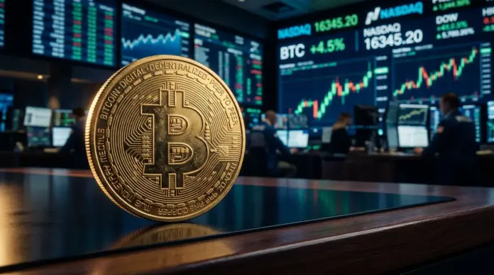 bitcoin-deal-15-milliarden-dollar-adam-back-nasdaq Bitcoin coin with blurred Nasdaq stock market display in background representing institutional investment