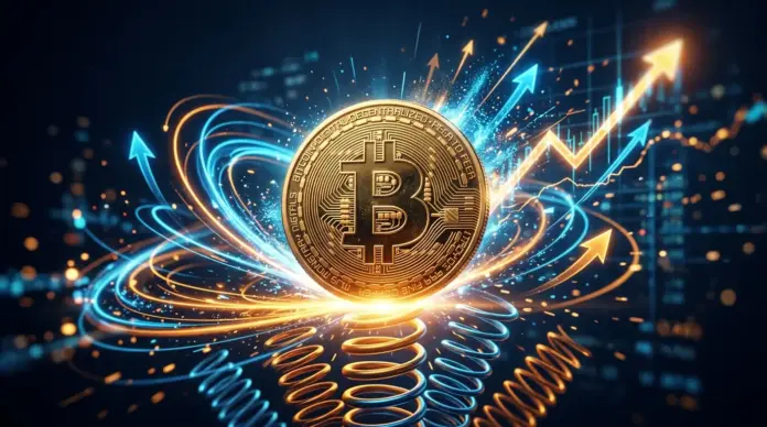 bitcoin-negative-funding-rates-short-squeeze-moeglich Bitcoin coin with upward momentum arrows suggesting potential short squeeze and price breakout
