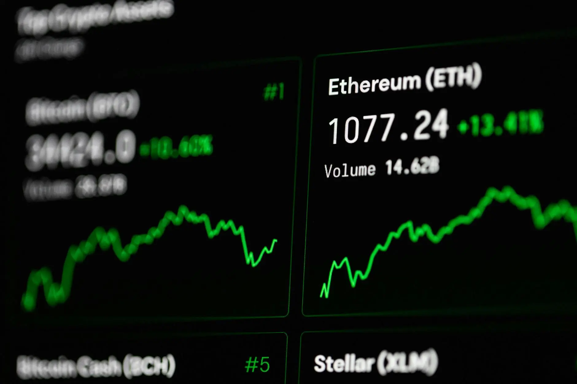 Bitcoin and Ethereum price charts with fluctuating green lines and trading volume data.