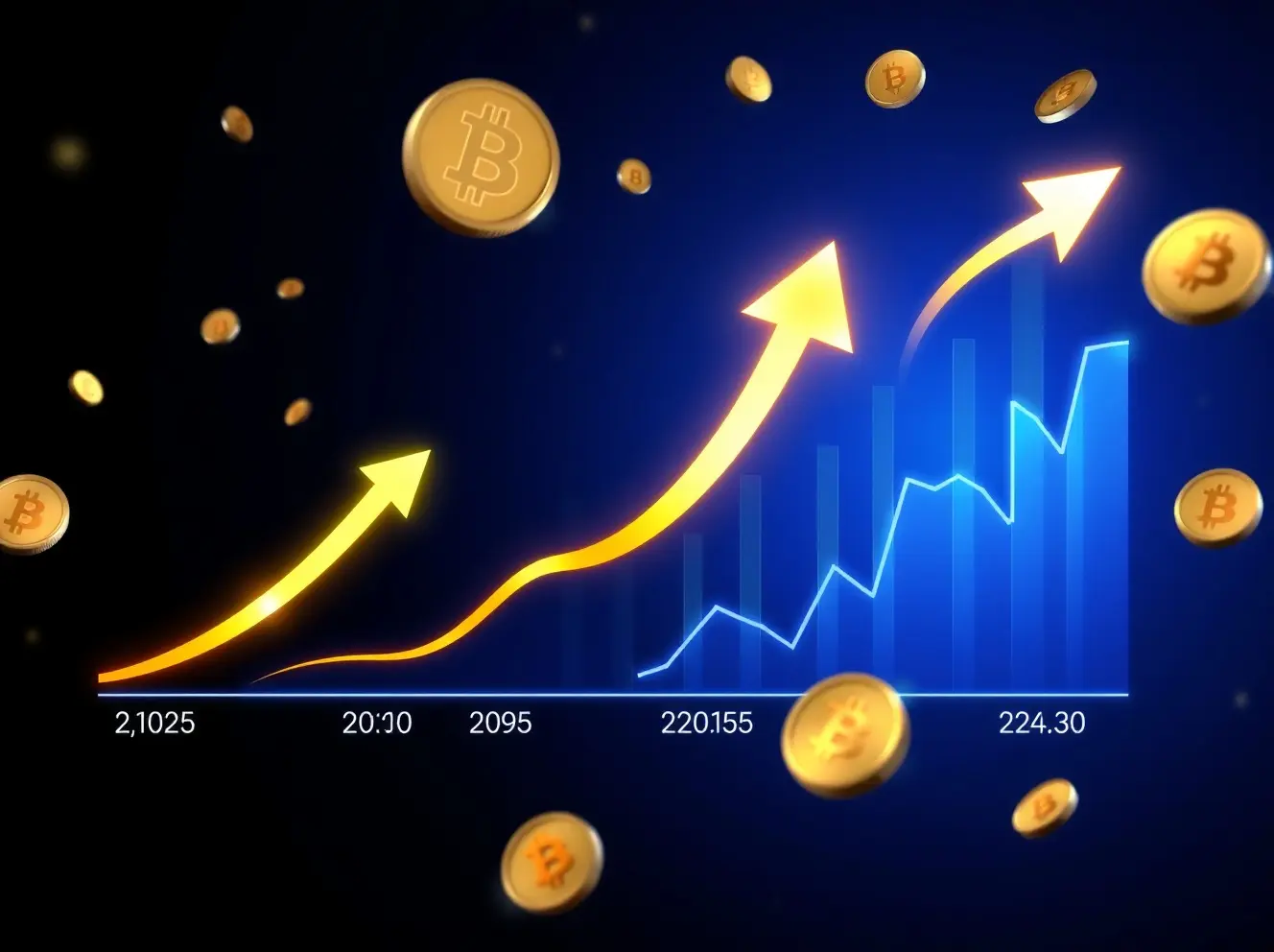 Graph showing Bitcoin price increase with gold coins and upward arrows on a dark background.