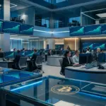 Modern financial trading floor with Bitcoin charts showing institutional market stability
